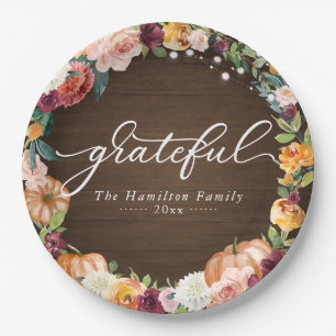 Grateful Rustic Autumn Flowers Thanksgiving Dinner Paper Plate