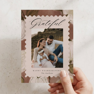 Grateful Scalloped Floral Photo Thanksgiving Card