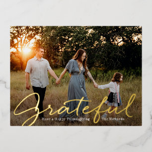 Grateful Script Foil Photo Thanksgiving Postcard