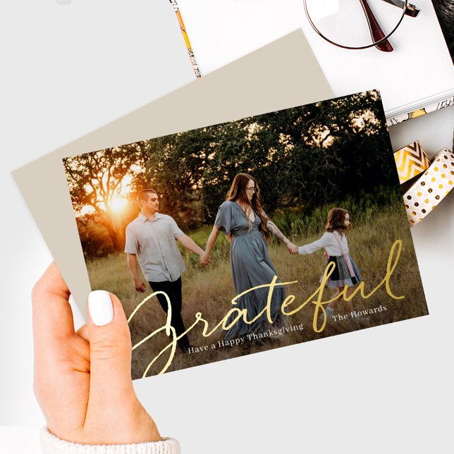 Grateful Script Foil Thanksgiving Photo Card (Creator Uploaded)