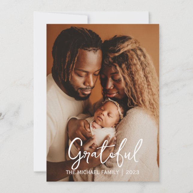 Grateful | Simple happy thanksgiving Family photo Holiday Card (Front)