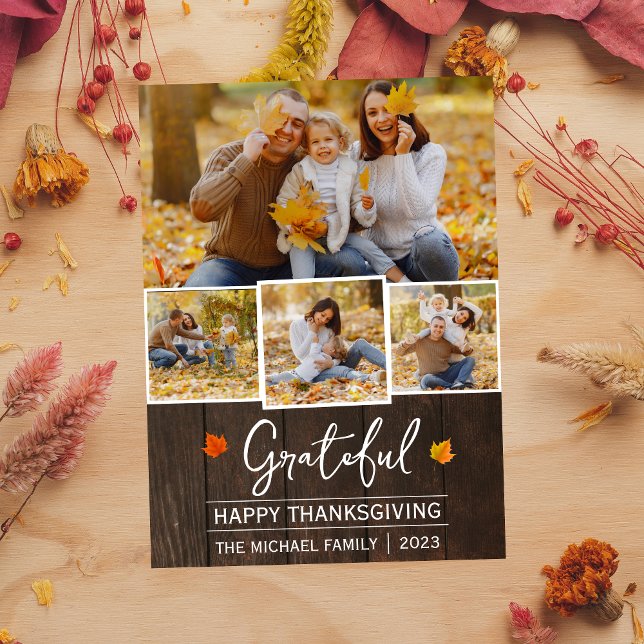 Grateful | Simple happy thanksgiving Family photo Holiday Card (Creator Uploaded)