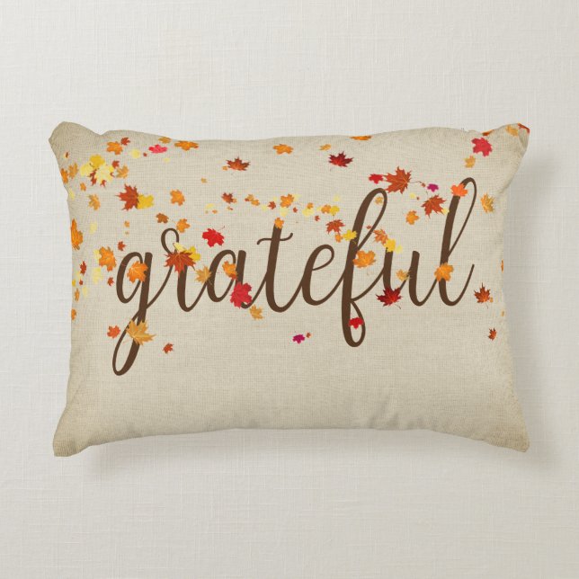 Grateful Text with Autumn Leaves Decorative Cushion (Front)