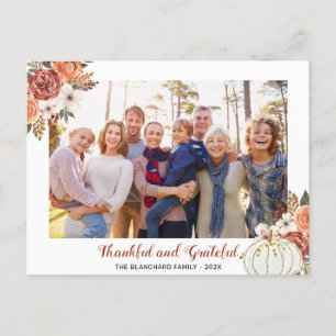 Grateful Thankful Autumn Floral Photo Thanksgiving Holiday Postcard