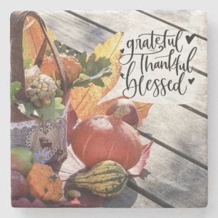Grateful Thankful Blessed Autumn Gourds Stone Coaster