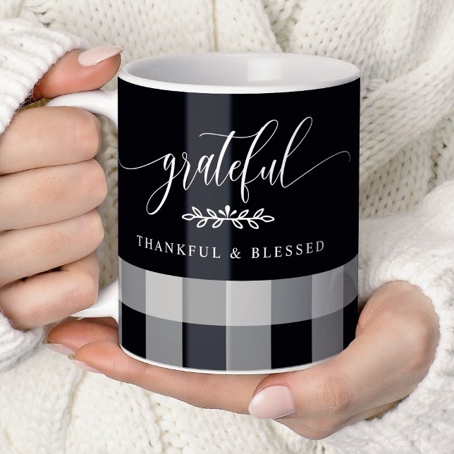 Grateful Thankful Blessed Black & White Plaid Coffee Mug (Creator Uploaded)