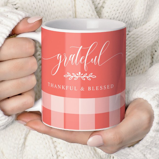 Grateful Thankful Blessed Coral & White Plaid Coffee Mug (Creator Uploaded)