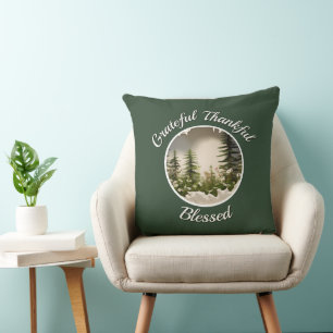 "Grateful, Thankful, Blessed" Dark Green Cushion