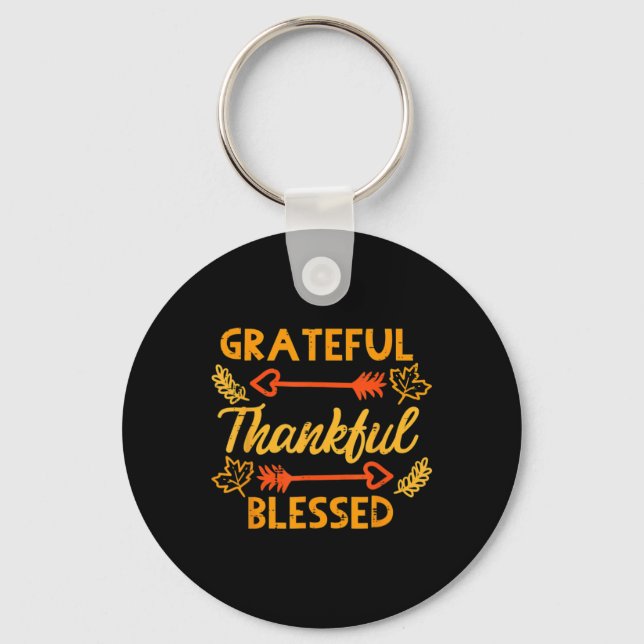 Grateful Thankful Blessed Fall Autumn Thanksgiving Key Ring (Front)