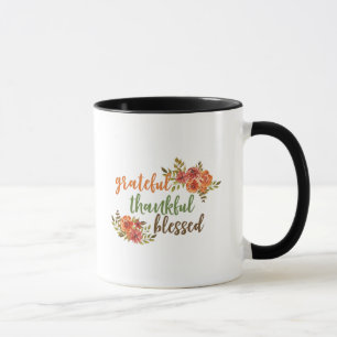 Grateful, Thankful, Blessed Floral Typography Mug