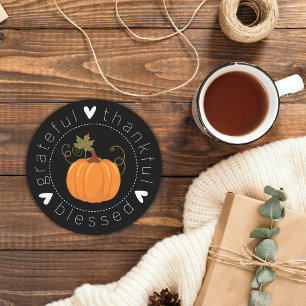 Grateful, Thankful, Blessed Folk Art Pumpkin Round Paper Coaster