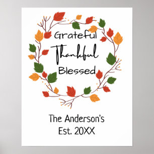 Grateful Thankful Blessed Leaves Fall Orange Red  Poster