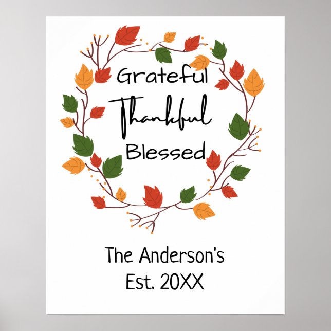 Grateful Thankful Blessed Leaves Fall Orange Red  Poster (Front)