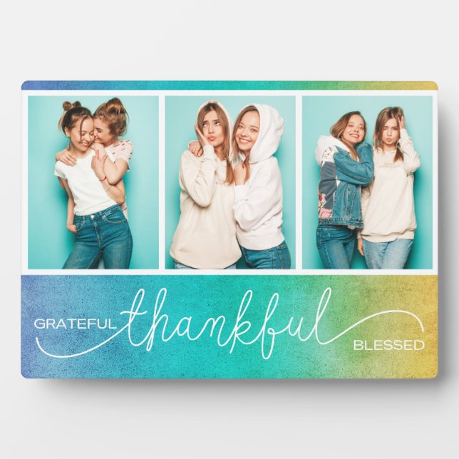 Grateful Thankful Blessed Modern Three Photo Plaque (Front)