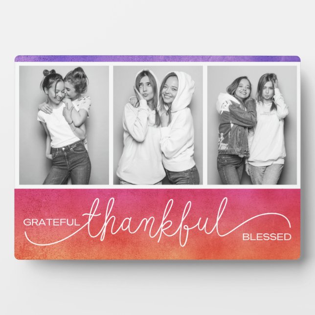 Grateful Thankful Blessed Modern Three Photo Plaque (Front)