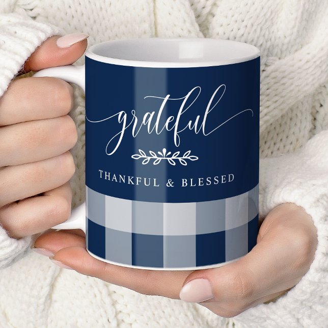 Grateful Thankful Blessed Navy & White Plaid Coffee Mug (Creator Uploaded)