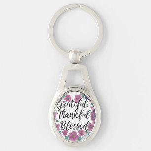 Grateful, Thankful, Blessed Oval Design Key Ring