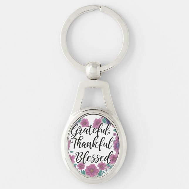 Grateful, Thankful, Blessed Oval Design Key Ring (Front)