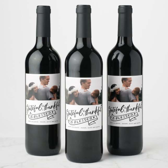 Grateful Thankful Blessed Photo Christmas Wine Label (Bottles)