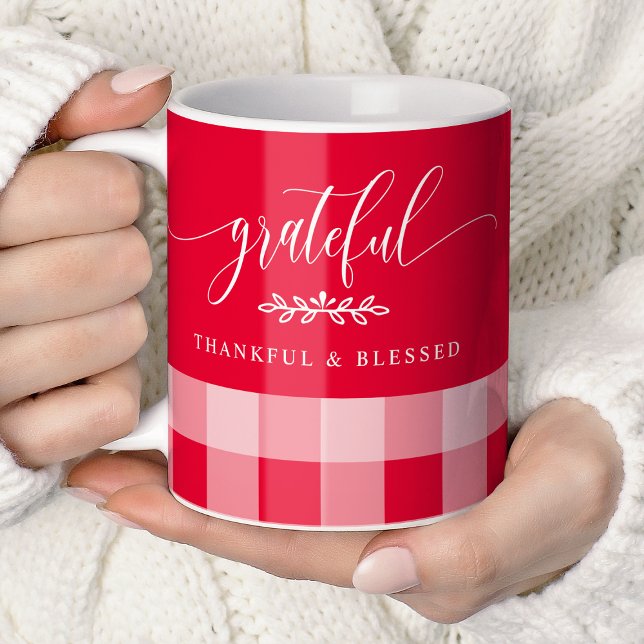 Grateful Thankful Blessed Red & White Plaid Coffee Mug (Creator Uploaded)