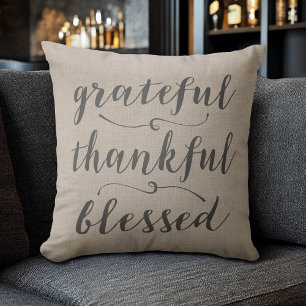 Grateful Thankful Blessed Rustic Script - chevrons Cushion