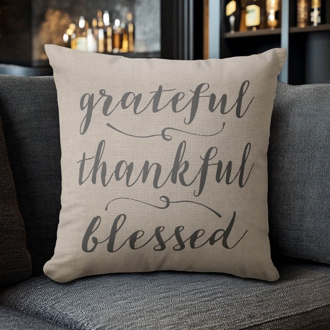 Grateful Thankful Blessed Rustic Script - chevrons Cushion (Grateful Thankful Blessed Pillow)