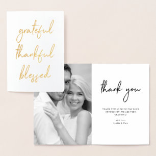 Grateful Thankful Blessed Script and Photo Gold Foil Card