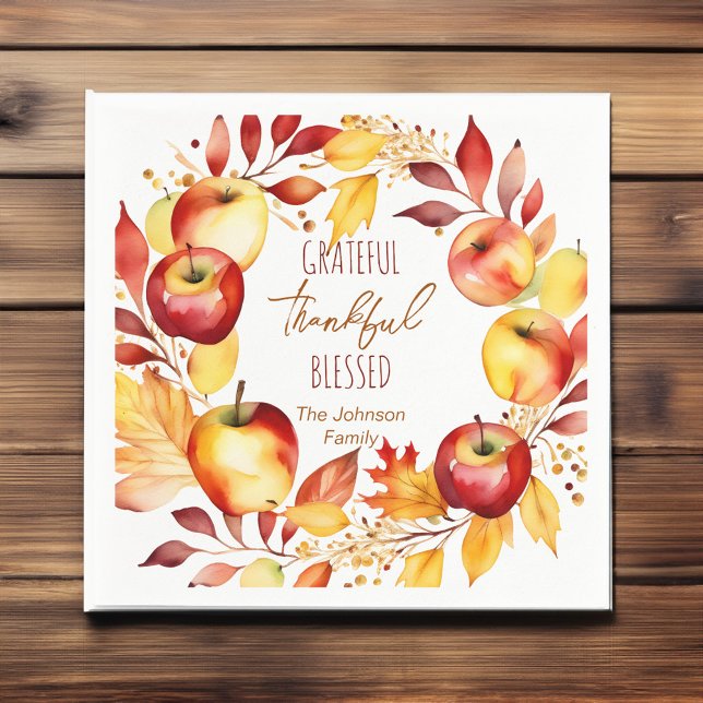 Grateful thankful blessed thanksgiving tableware napkin (Grateful thankful blessed thanksgiving dinner tableware personalized napkins watercolor apple wreath)