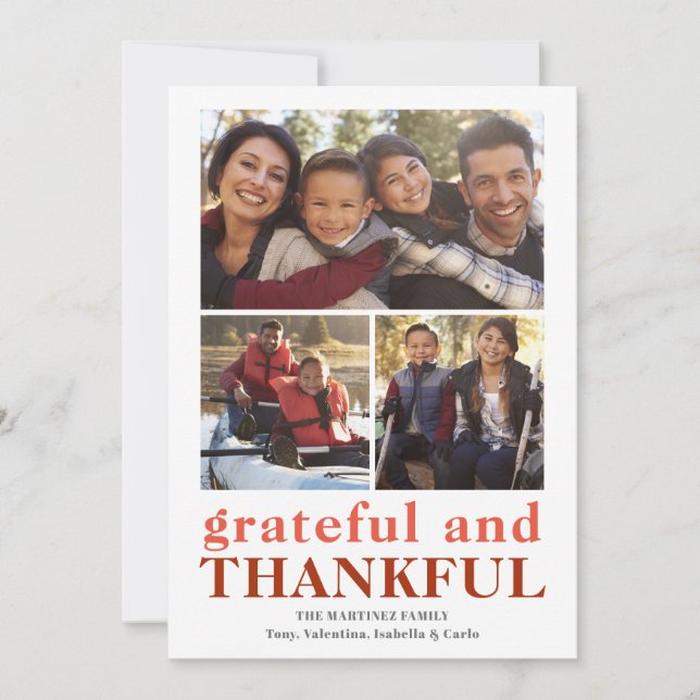 Grateful Thankful Three Photo Thanksgiving Card (Front)