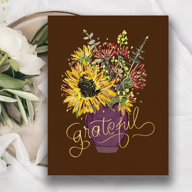 Grateful Thanksgiving Bouquet Gold Foil Holiday Postcard (Creator Uploaded)