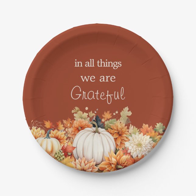 Grateful Thanksgiving Pumpkin Fall Leaves Paper Plate (Front)