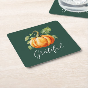 Grateful Thanksgiving  Pumpkin Green Square Paper Coaster