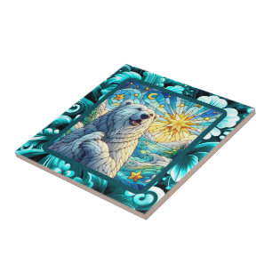 Grateful Whimsical Polar Bear Faux Stained Glass Ceramic Tile