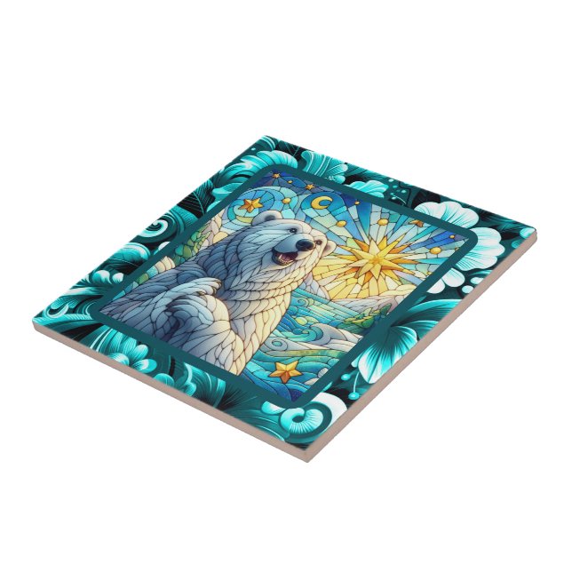 Grateful Whimsical Polar Bear Faux Stained Glass Ceramic Tile (Side)
