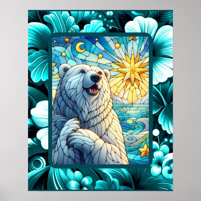 Grateful Whimsical Polar Bear Faux Stained Glass Poster (Front)