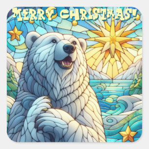 Grateful Whimsical Polar Bear Faux Stained Glass Square Sticker