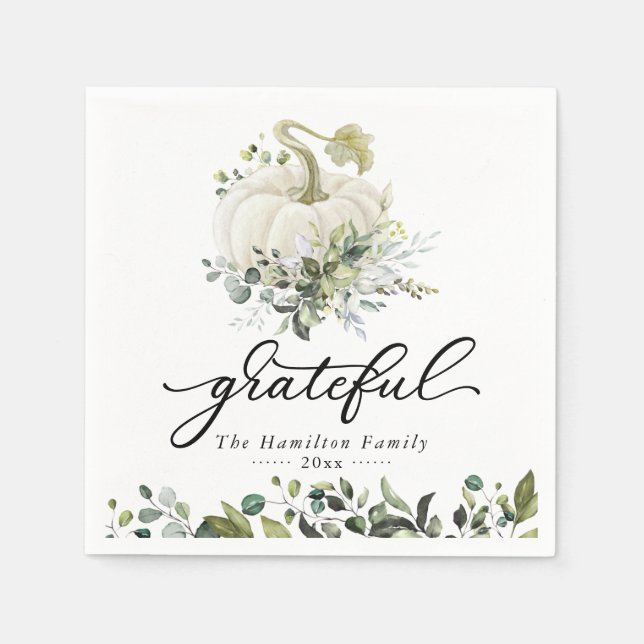 Grateful White Pumpkin Greenery Thanksgiving Napkin (Front)