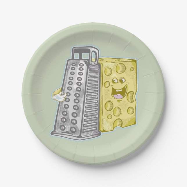 Grating cheese with a grater Funny food Paper Plate (Front)