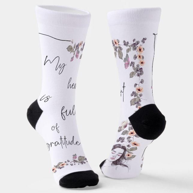 Gratitude Affirmation. Floral Positive Mindset Socks (Angled)