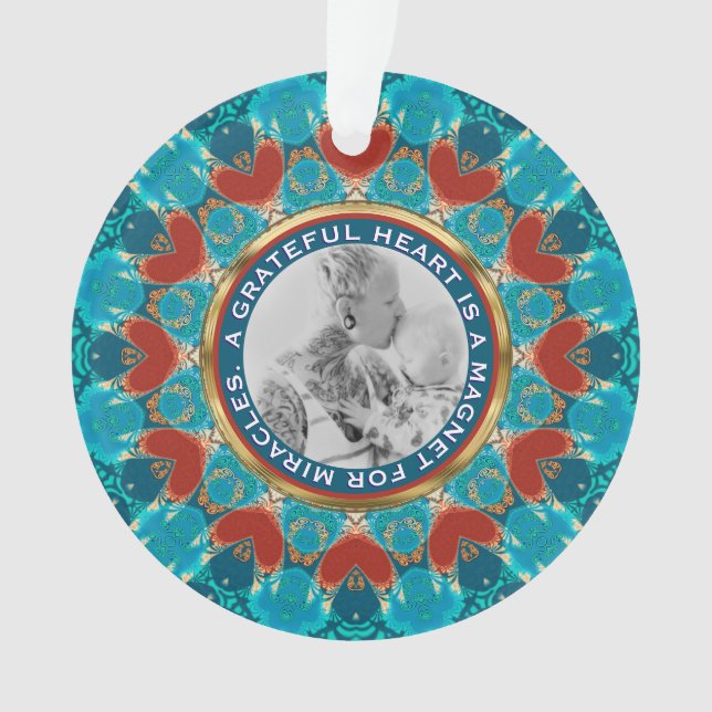 Gratitude Aqua Teal Mandala Custom Words & Photo Ornament (Front)