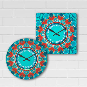 Gratitude Aqua Teal Mandala Customizable Quote Square Wall Clock
