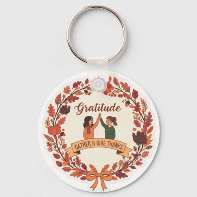Gratitude Friends Wreath Icon | Thanksgiving Key Ring (Front)