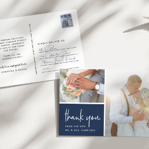 Gratitude in Navy Wedding Photo Thank You Postcard