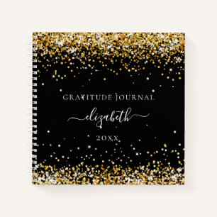 Gratitude journal black gold glitter dust name