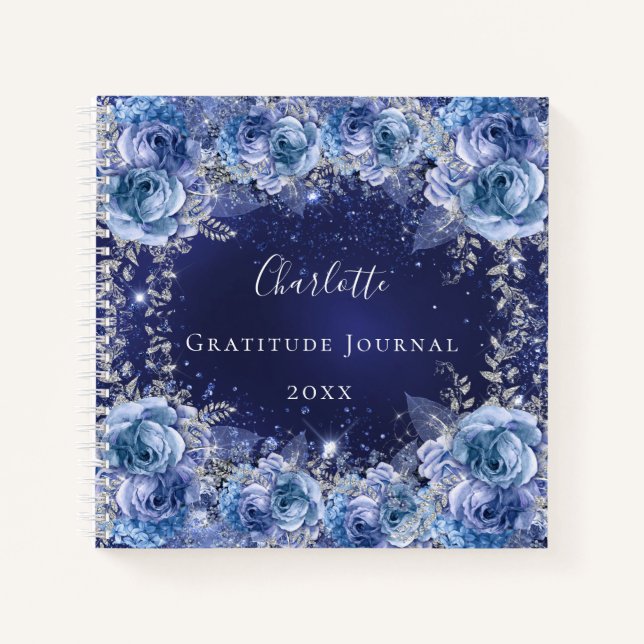 Gratitude journal blue flowers silver glitter name (Front)