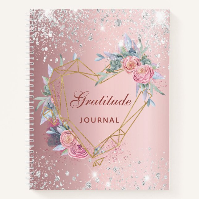 Gratitude journal blush pink floral silver glitter (Front)