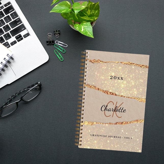 Gratitude journal rose gold agate beige monogram (Creator Uploaded)