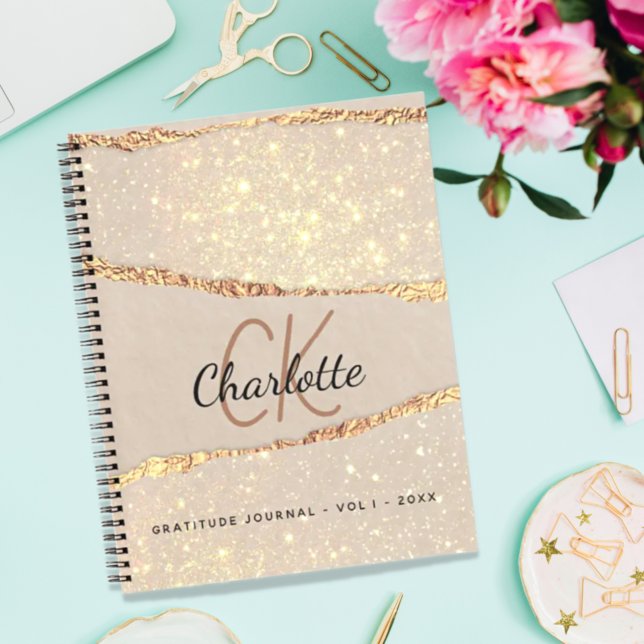 Gratitude journal rose gold agate glitter monogram (Creator Uploaded)