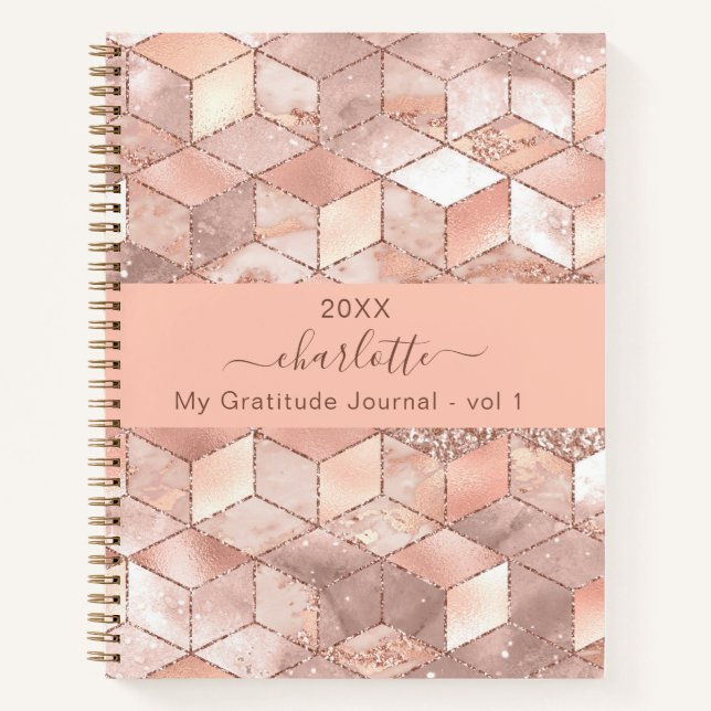 Gratitude journal rose gold cube marble name (Front)