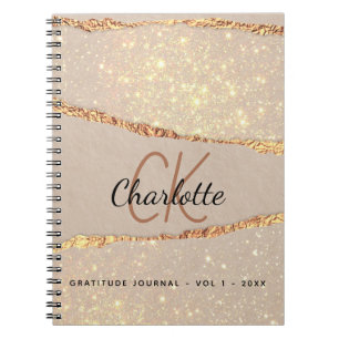 Gratitude journal rose gold glitter agate monogram